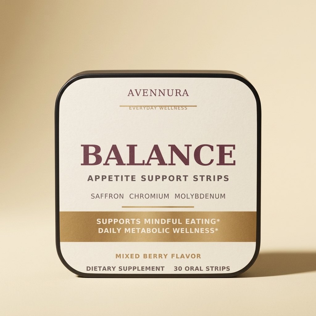 AVENNURA BALANCE Appetite Support Strips black tin, studio packshot on warm cream backdrop