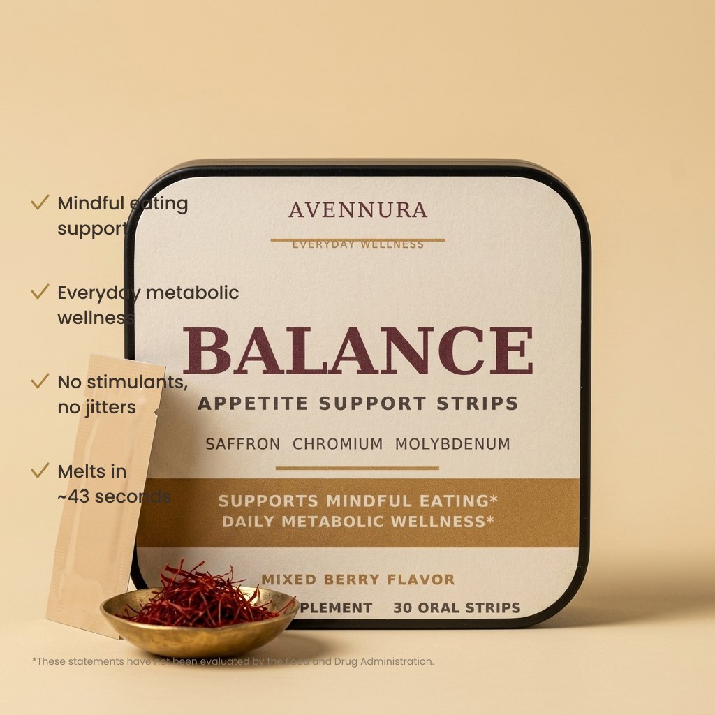 BALANCE tin with benefit checklist: mindful eating support, everyday metabolic wellness, no stimulants, melts in 43 seconds