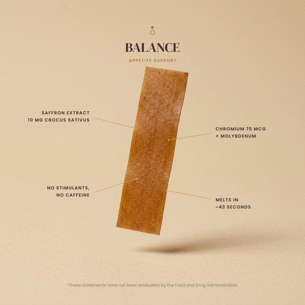 BALANCE oral strip with callouts: saffron extract, chromium and molybdenum, no stimulants, melts in about 43 seconds
