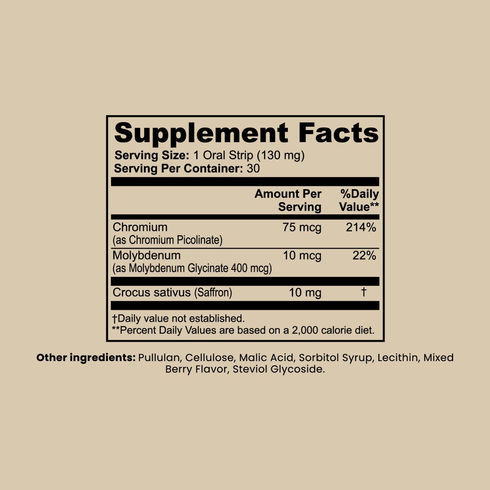 BALANCE Supplement Facts panel, original manufacturer label: saffron, chromium picolinate and molybdenum