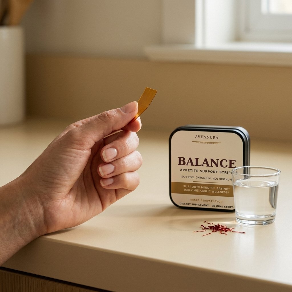 Hand holding a BALANCE oral strip beside the tin, saffron threads and a glass of water in warm light