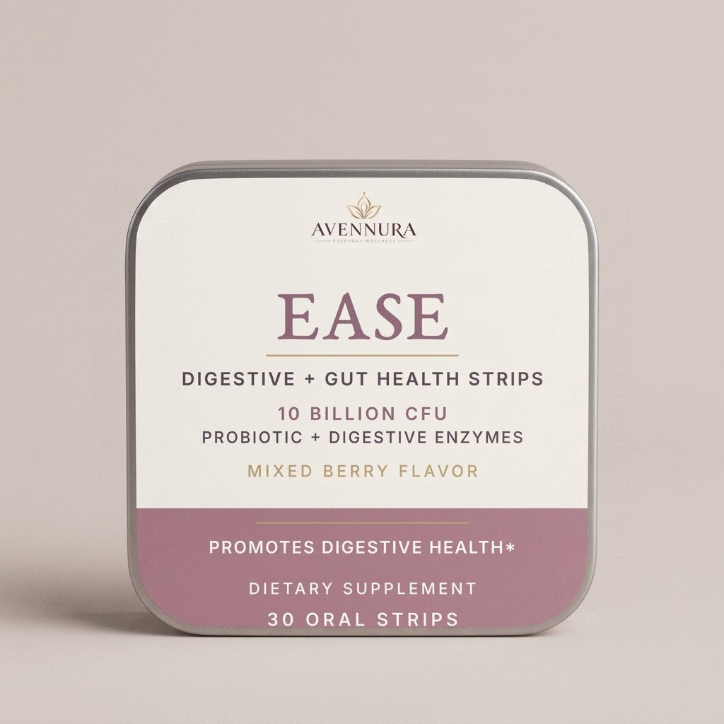 AVENNURA EASE Digestive + Gut Health Strips tin, studio packshot on warm greige-rose backdrop