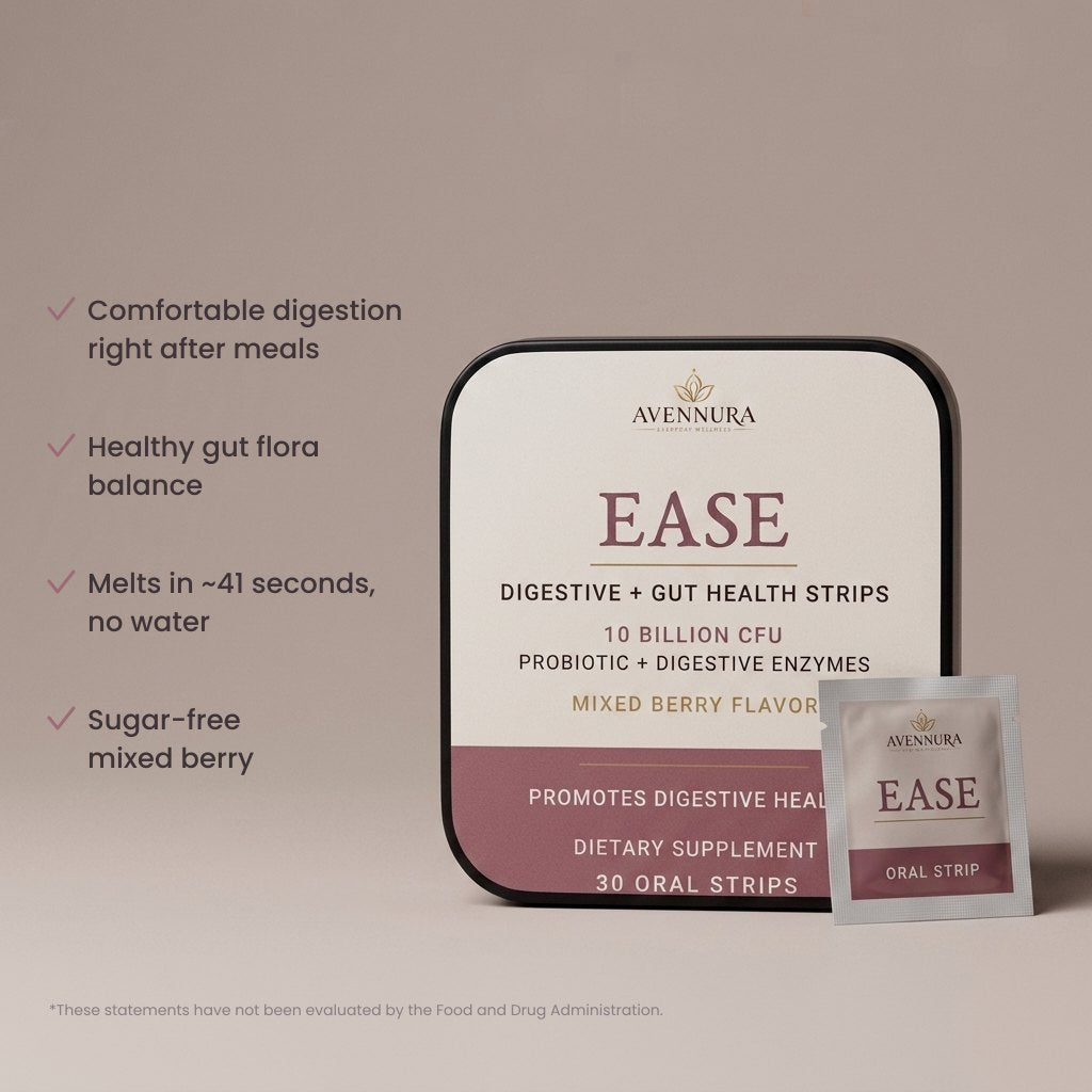 EASE tin with benefit checklist: comfortable digestion after meals, healthy gut flora, melts in 41 seconds, sugar-free berry