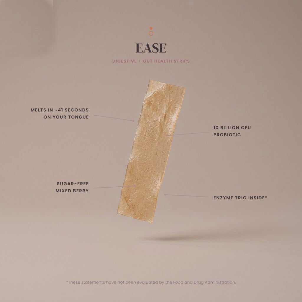EASE oral strip with callouts: 10 billion CFU probiotic, enzyme trio, melts in about 41 seconds, sugar-free mixed berry