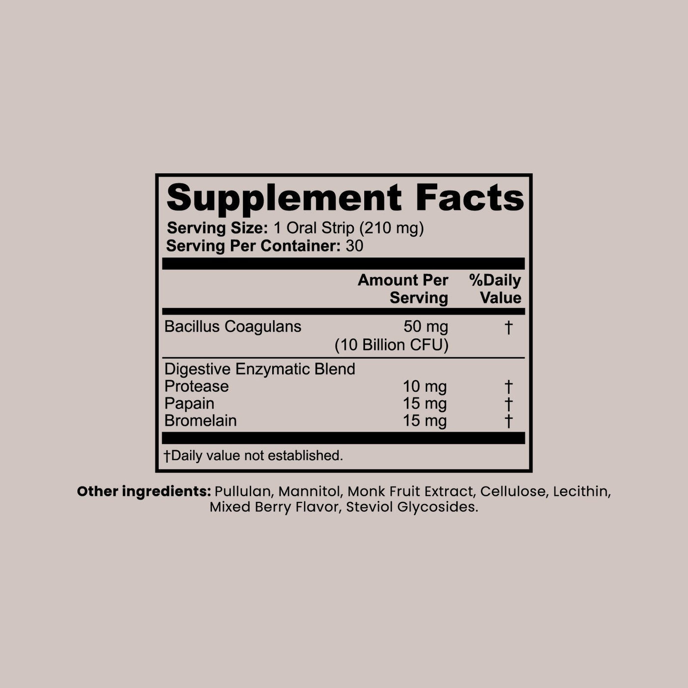 EASE Supplement Facts panel, original manufacturer label: Bacillus coagulans 10 billion CFU plus protease, papain and bromelain
