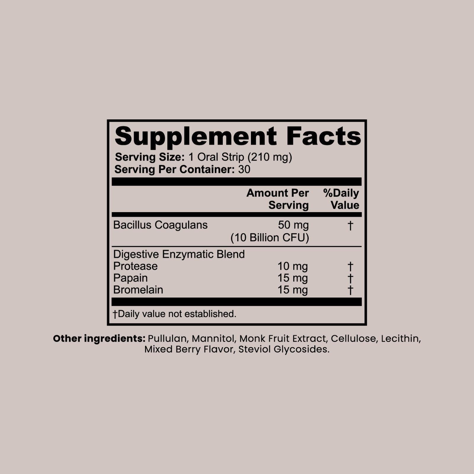 EASE Supplement Facts panel, original manufacturer label: Bacillus coagulans 10 billion CFU plus protease, papain and bromelain