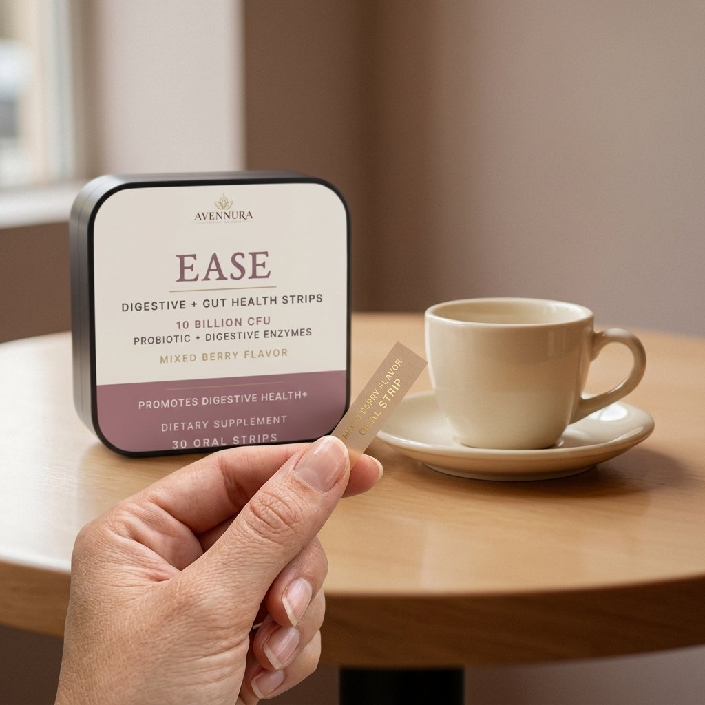 Hand holding an EASE oral strip at a cafe table beside an espresso, on-the-go digestive support