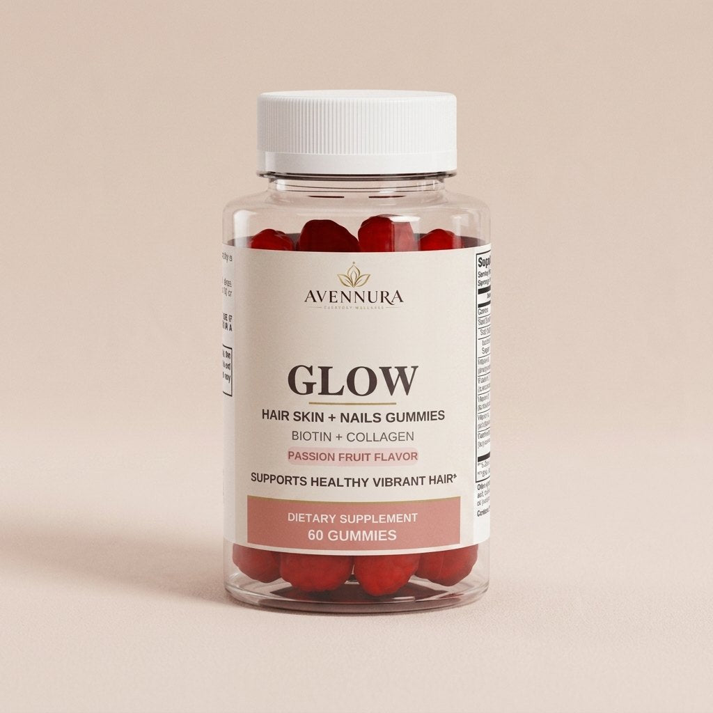 AVENNURA GLOW Hair Skin + Nails Gummies bottle, studio packshot on warm blush backdrop