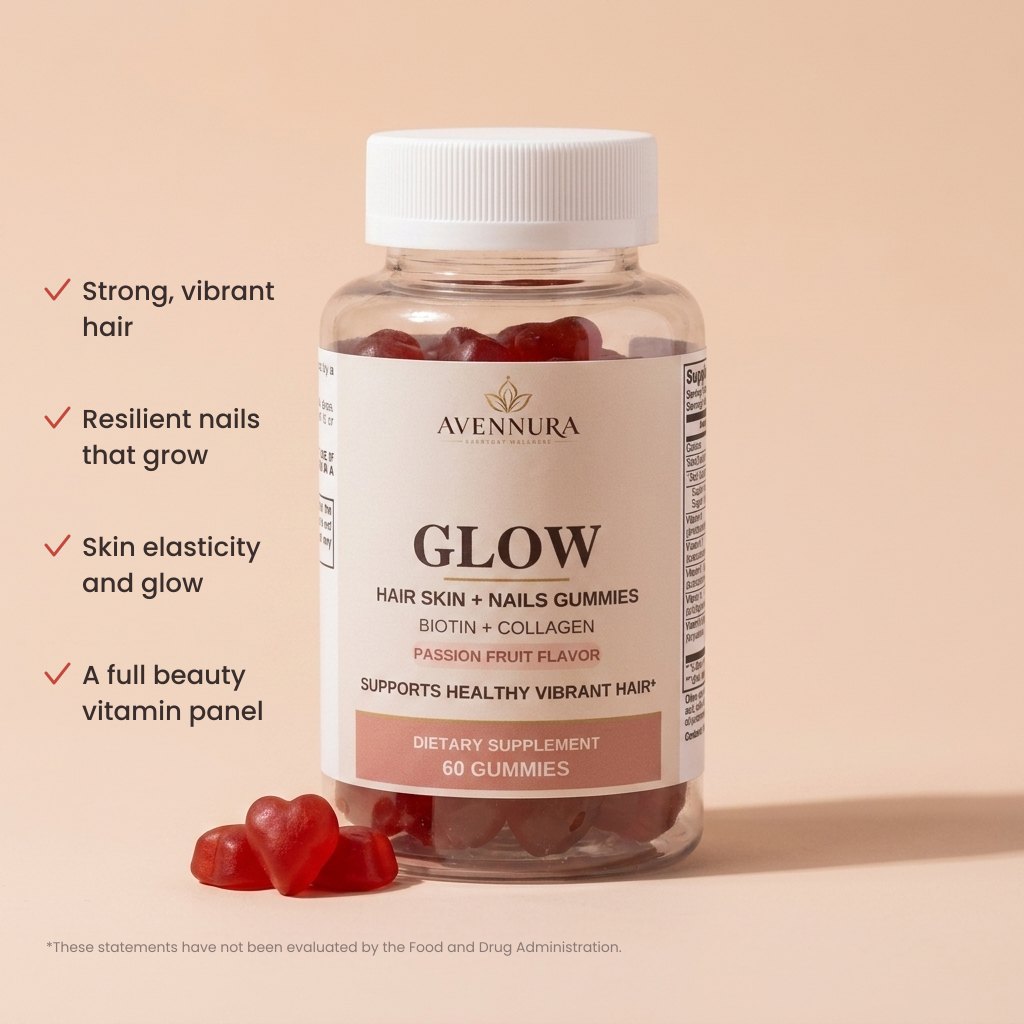 GLOW bottle with benefit checklist: strong vibrant hair, resilient nails, skin elasticity and glow, full beauty vitamin panel