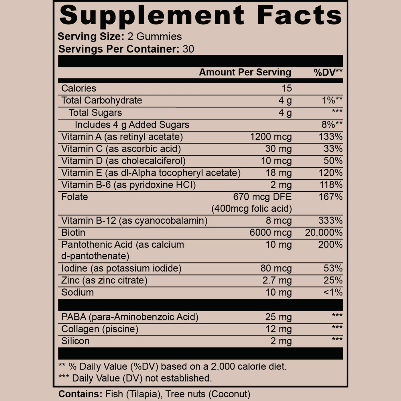 GLOW Supplement Facts panel, original manufacturer label: biotin, marine collagen and a full beauty vitamin blend