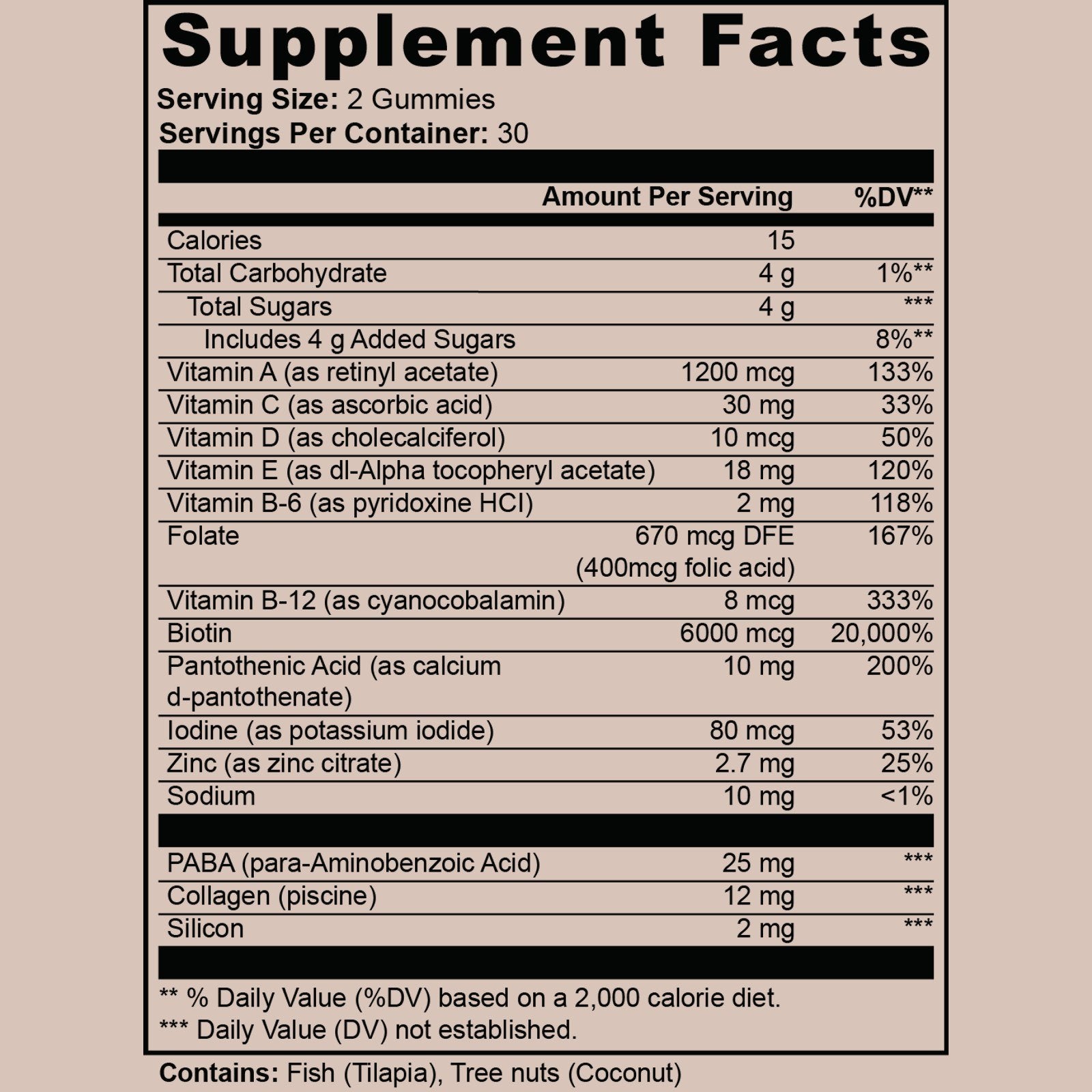 GLOW Supplement Facts panel, original manufacturer label: biotin, marine collagen and a full beauty vitamin blend