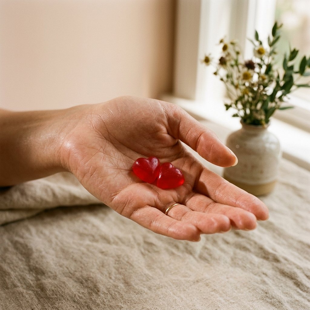 Hand holding two red GLOW gummies in warm morning light, beauty from within