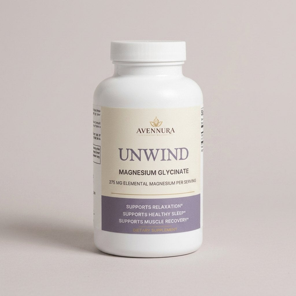 AVENNURA UNWIND Magnesium Glycinate bottle, studio packshot on warm greige-lavender backdrop