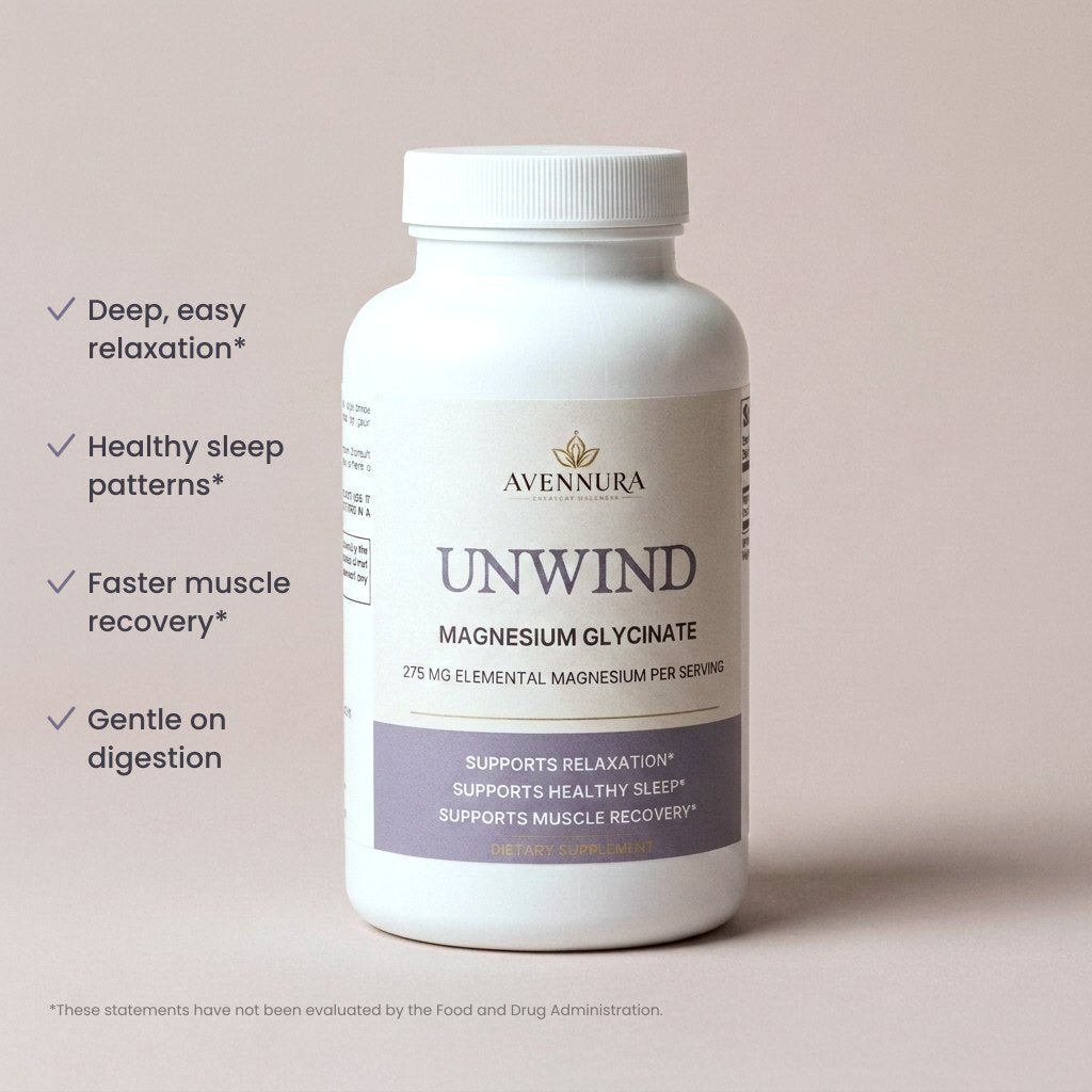 UNWIND bottle with benefit checklist: deep relaxation, healthy sleep patterns, muscle recovery, gentle on digestion