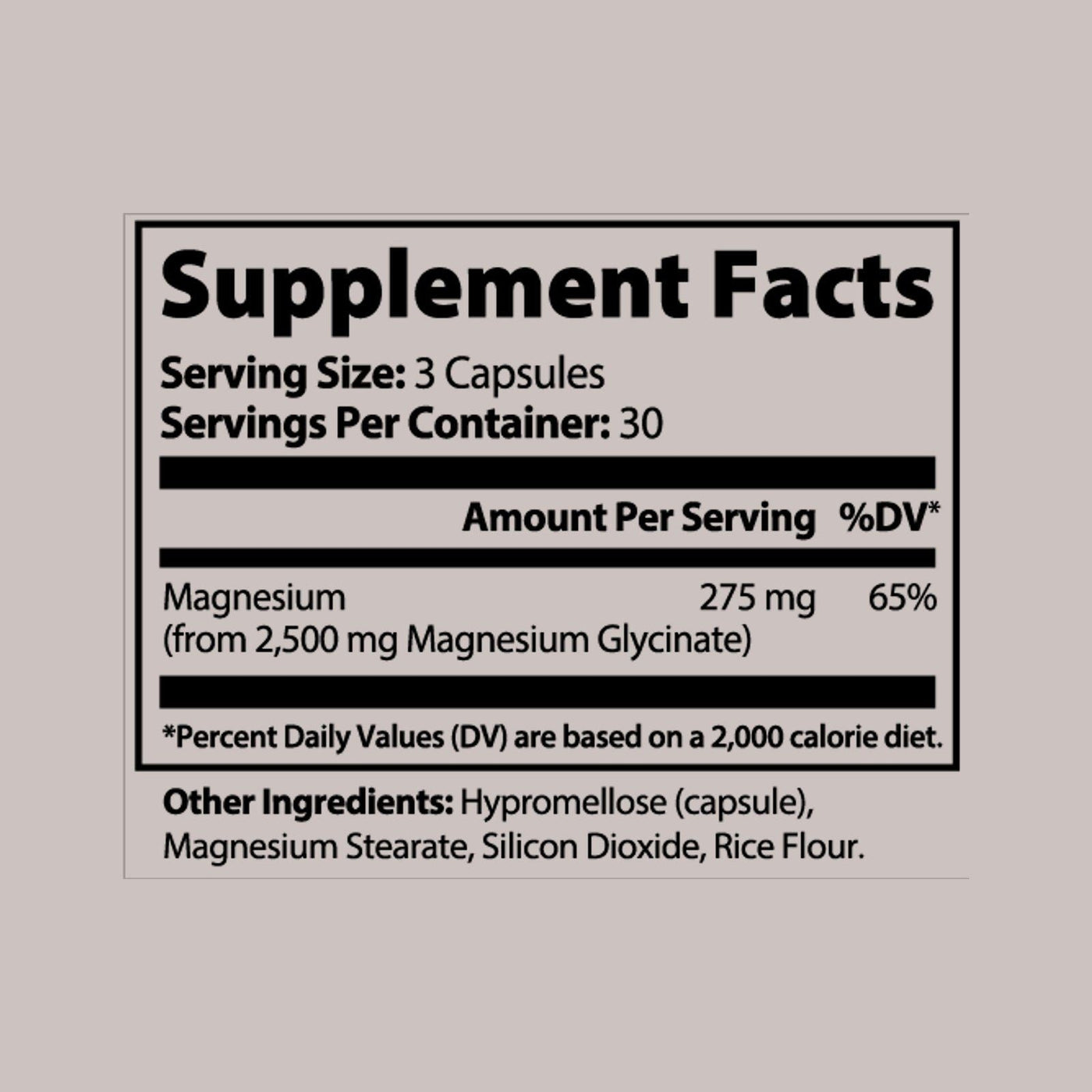 UNWIND Supplement Facts panel, original manufacturer label: 275 mg elemental magnesium from 2,500 mg magnesium glycinate