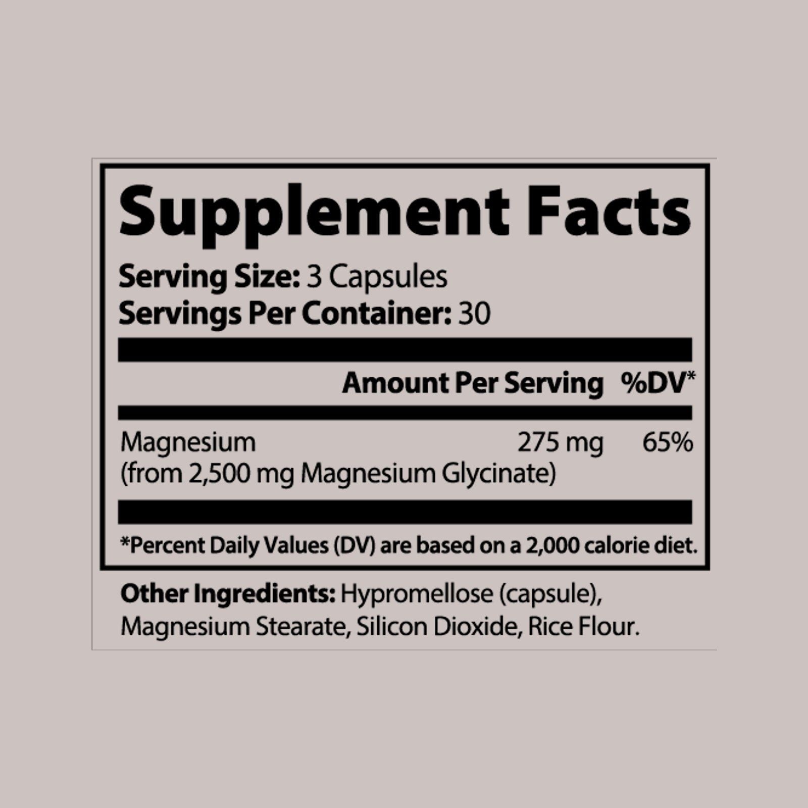 UNWIND Supplement Facts panel, original manufacturer label: 275 mg elemental magnesium from 2,500 mg magnesium glycinate