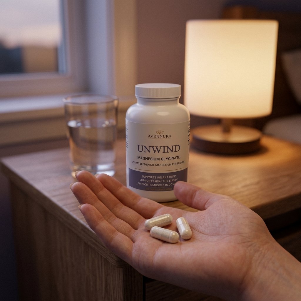 Hand holding three UNWIND capsules at an evening bedside with water and warm lamp light