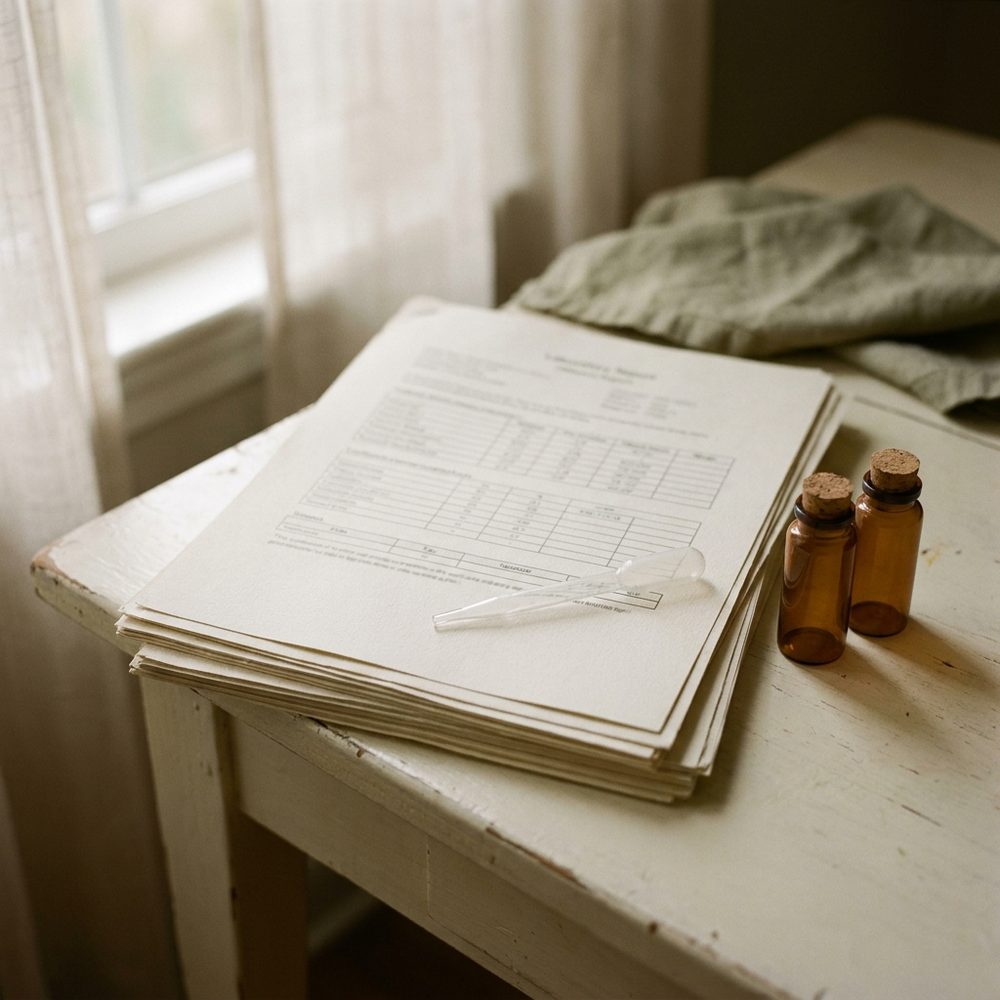 Laboratory report pages and sample vials in natural light